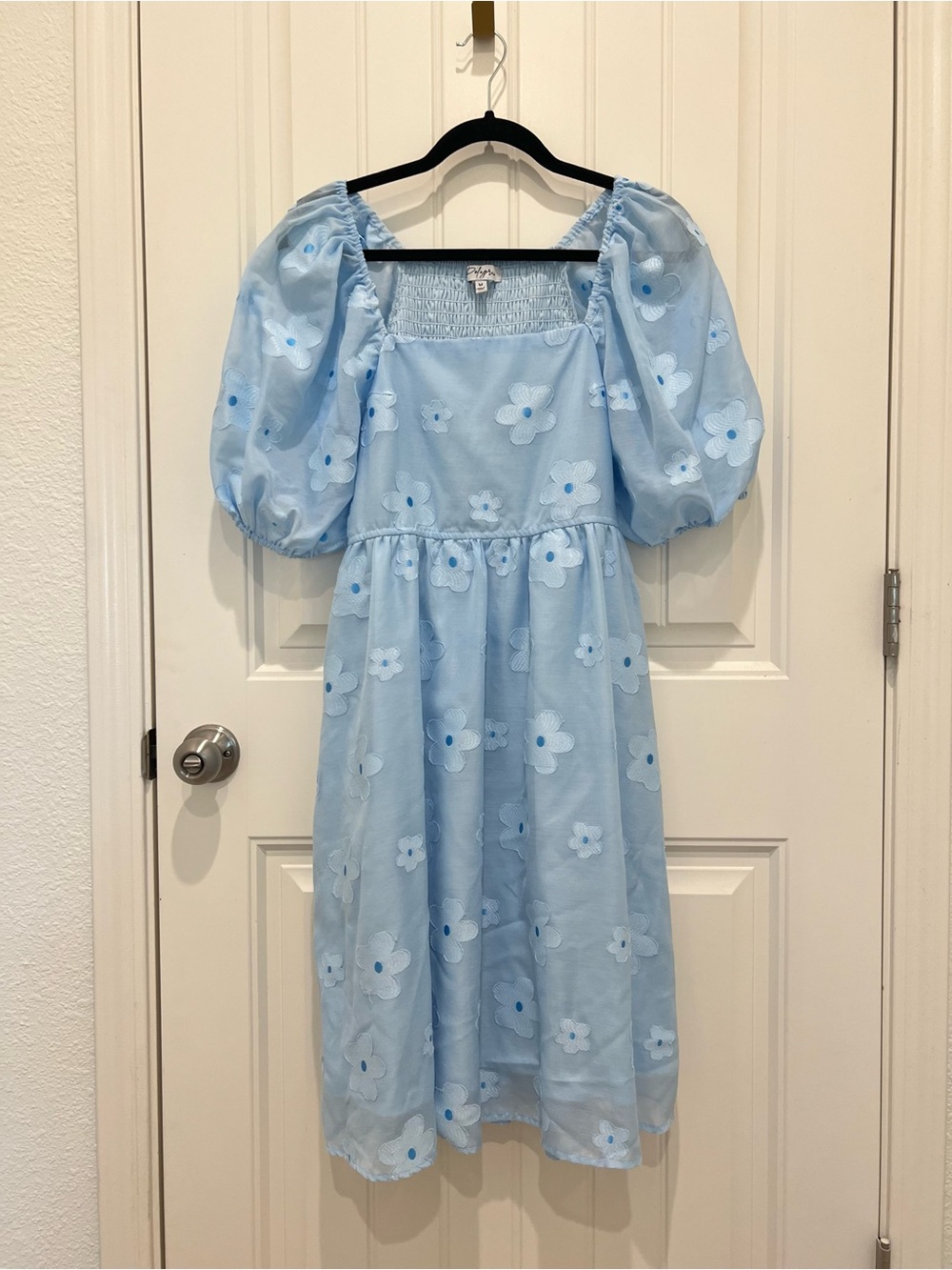 Blue Floral Puff-Sleeve Dress with Square Neck - Picture 9 of 11